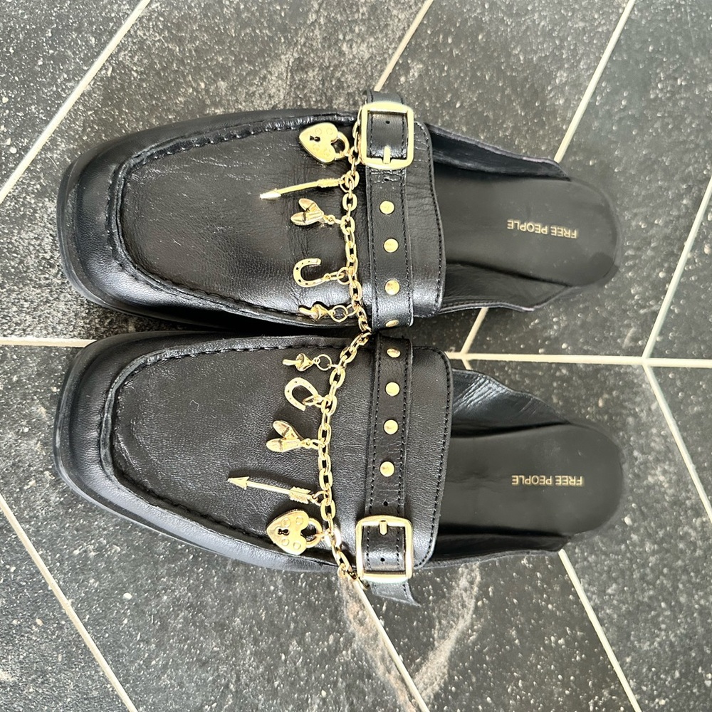 Free People Black Loafers with Gold Accents